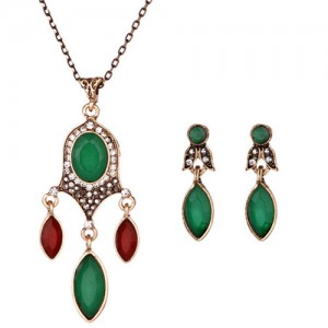 Gem Embellished Leaf Style Fashion Necklace and Earrings Set - Green