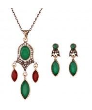 Gem Embellished Leaf Style Fashion Necklace and Earrings Set - Green