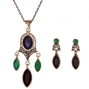 Gem Embellished Leaf Style Fashion Necklace and Earrings Set - Ink Blue