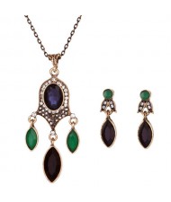 Gem Embellished Leaf Style Fashion Necklace and Earrings Set - Ink Blue