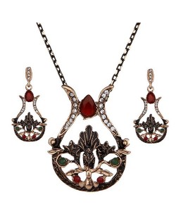 Resin Gem and Rhinestone Embellished Vintage Vase Design Costume Necklace and Earrings Set - Red