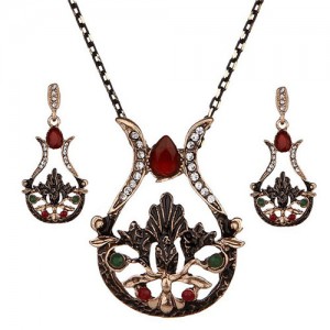 Resin Gem and Rhinestone Embellished Vintage Vase Design Costume Necklace and Earrings Set - Red