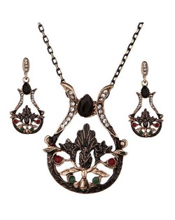 Resin Gem and Rhinestone Embellished Vintage Vase Design Costume Necklace and Earrings Set - Black