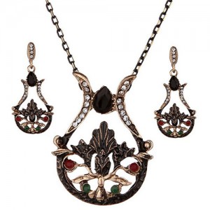 Resin Gem and Rhinestone Embellished Vintage Vase Design Costume Necklace and Earrings Set - Black