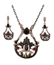 Resin Gem and Rhinestone Embellished Vintage Vase Design Costume Necklace and Earrings Set - Black