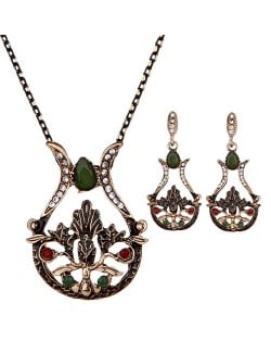 Resin Gem and Rhinestone Embellished Vintage Vase Design Costume Necklace and Earrings Set - Green