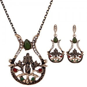 Resin Gem and Rhinestone Embellished Vintage Vase Design Costume Necklace and Earrings Set - Green