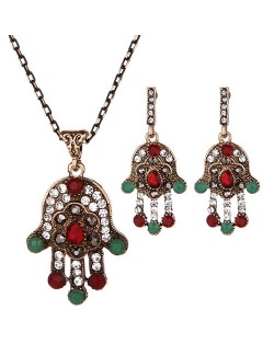 Rhinestone Inlaid Shining Palm Fashion Necklace and Earrings Set - Red