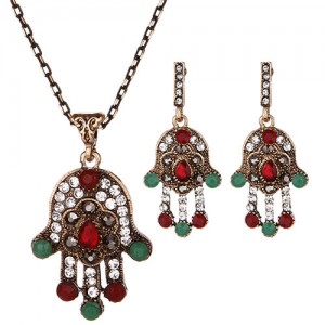 Rhinestone Inlaid Shining Palm Fashion Necklace and Earrings Set - Red