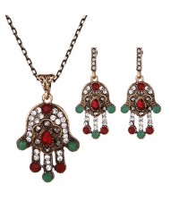 Rhinestone Inlaid Shining Palm Fashion Necklace and Earrings Set - Red