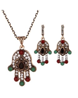 Rhinestone Inlaid Shining Palm Fashion Necklace and Earrings Set - Black