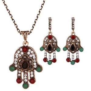 Rhinestone Inlaid Shining Palm Fashion Necklace and Earrings Set - Black