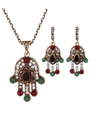 Rhinestone Inlaid Shining Palm Fashion Necklace and Earrings Set - Black