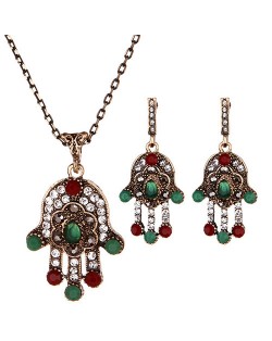 Rhinestone Inlaid Shining Palm Fashion Necklace and Earrings Set - Green