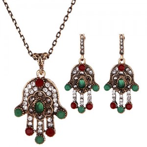 Rhinestone Inlaid Shining Palm Fashion Necklace and Earrings Set - Green