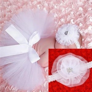 White Lace Floral Design Cute Bowknot Baby Hair Band and Dress Set