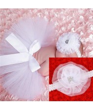 White Lace Floral Design Cute Bowknot Baby Hair Band and Dress Set