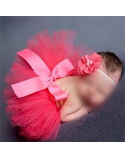 Red Flower and Bowknot Lace Baby Hair Band and Dress Set