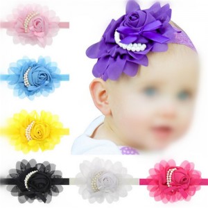 (13 pcs Per Unit) Pearl Fashion Chiffon Flower Baby Hair Bands