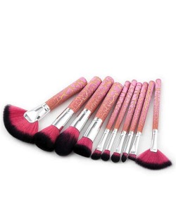 10 pcs Burst Grain Short Wooden Handle High Fashion Dark Pink Makeup Brushes Set