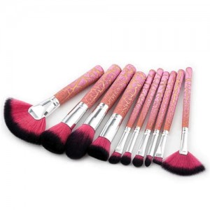 10 pcs Burst Grain Short Wooden Handle High Fashion Dark Pink Makeup Brushes Set
