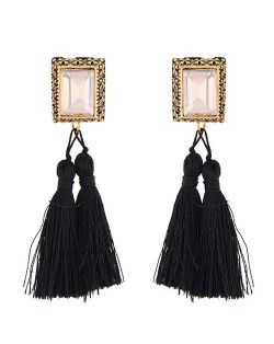 Oblong Gem Inlaid Golden Vintage Rim Threads Tassel Stud Earrings - Black