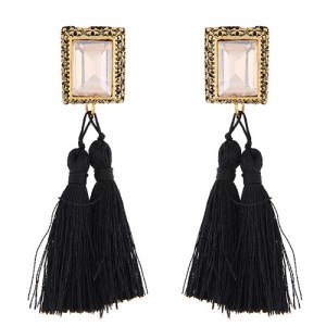 Oblong Gem Inlaid Golden Vintage Rim Threads Tassel Stud Earrings - Black