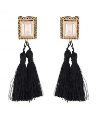 Oblong Gem Inlaid Golden Vintage Rim Threads Tassel Stud Earrings - Black