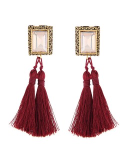 Oblong Gem Inlaid Golden Vintage Rim Threads Tassel Stud Earrings - Red