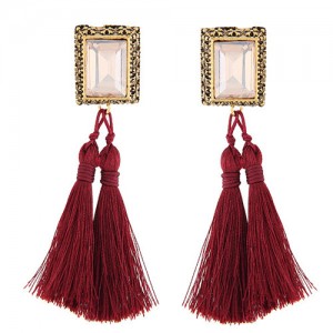 Oblong Gem Inlaid Golden Vintage Rim Threads Tassel Stud Earrings - Red