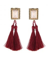 Oblong Gem Inlaid Golden Vintage Rim Threads Tassel Stud Earrings - Red