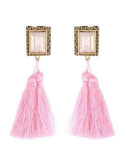 Oblong Gem Inlaid Golden Vintage Rim Threads Tassel Stud Earrings - Pink
