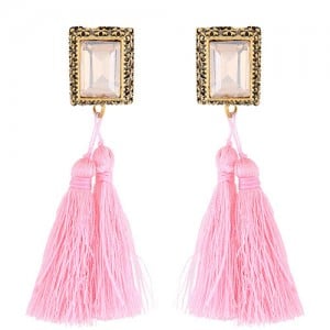 Oblong Gem Inlaid Golden Vintage Rim Threads Tassel Stud Earrings - Pink
