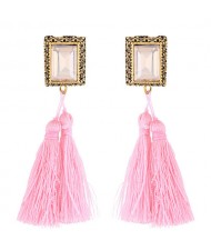 Oblong Gem Inlaid Golden Vintage Rim Threads Tassel Stud Earrings - Pink