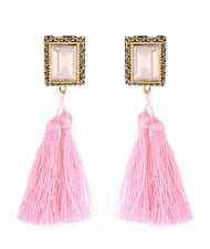 Oblong Gem Inlaid Golden Vintage Rim Threads Tassel Stud Earrings - Pink