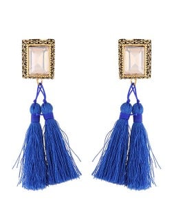 Oblong Gem Inlaid Golden Vintage Rim Threads Tassel Stud Earrings - Blue