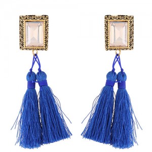 Oblong Gem Inlaid Golden Vintage Rim Threads Tassel Stud Earrings - Blue