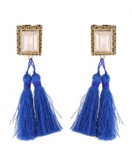 Oblong Gem Inlaid Golden Vintage Rim Threads Tassel Stud Earrings - Blue
