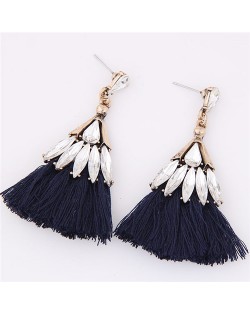 Glistening Glass Gem Embellished Threads Tassel Fashion Stud Earrings - Dark Blue