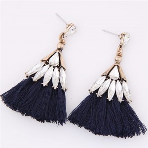 Glistening Glass Gem Embellished Threads Tassel Fashion Stud Earrings - Dark Blue