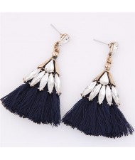 Glistening Glass Gem Embellished Threads Tassel Fashion Stud Earrings - Dark Blue