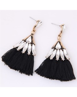 Glistening Glass Gem Embellished Threads Tassel Fashion Stud Earrings - Black