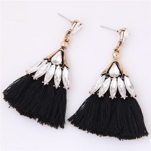 Glistening Glass Gem Embellished Threads Tassel Fashion Stud Earrings - Black