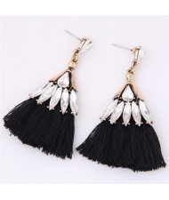 Glistening Glass Gem Embellished Threads Tassel Fashion Stud Earrings - Black