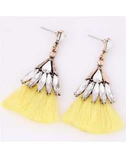 Glistening Glass Gem Embellished Threads Tassel Fashion Stud Earrings - Yellow