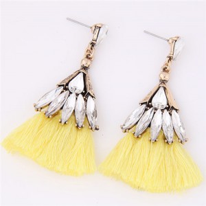 Glistening Glass Gem Embellished Threads Tassel Fashion Stud Earrings - Yellow
