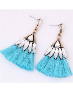 Glistening Glass Gem Embellished Threads Tassel Fashion Stud Earrings - Blue