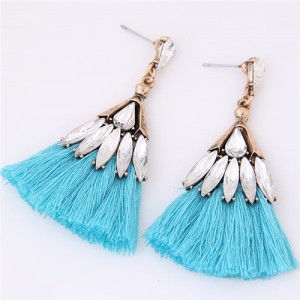 Glistening Glass Gem Embellished Threads Tassel Fashion Stud Earrings - Blue