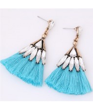 Glistening Glass Gem Embellished Threads Tassel Fashion Stud Earrings - Blue