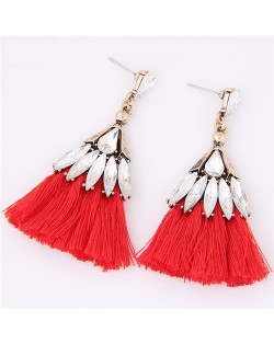 Glistening Glass Gem Embellished Threads Tassel Fashion Stud Earrings - Red
